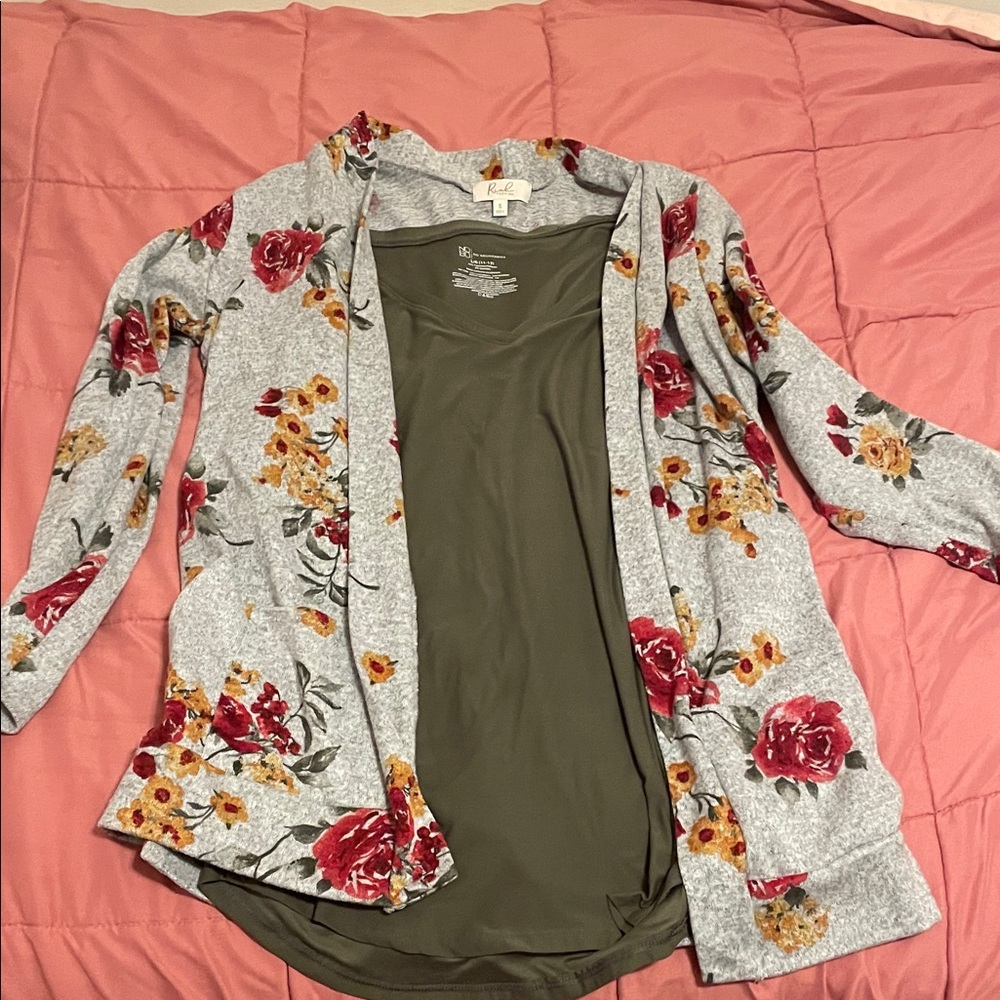 Floral Gray Cardigan with Red and Yellow Accents